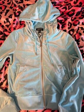 True Religion Light Blue Velour Hooded Zip-Up Jacket